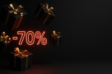 A glowing red neon "-70%" sign surrounded by black gift boxes with gold ribbons, perfect for luxury sale promotions.