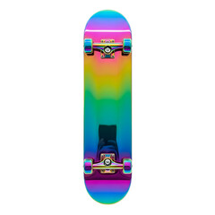 Vibrant Rainbow Skateboard Deck with Colorful Design and Metal Trucks.