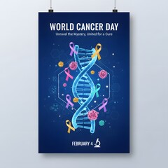 World Cancer Day Awareness Poster with DNA Helix and Ribbons