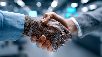 A close-up shot of a human hand shaking a robotic hand, representing collaboration between people and technology.