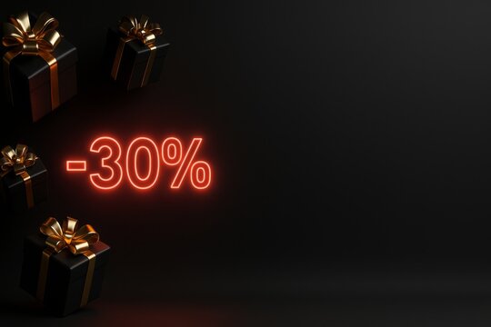 A glowing red neon "-30%" sign surrounded by black gift boxes with gold ribbons, perfect for luxury sale promotions.