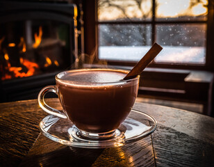 A steaming glass cup of hot chocolate with a cinnamon stick by a cozy fireplace on a snowy winter day.