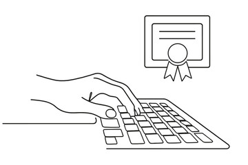 Minimalist Typing Skill. Skill Development. Minimalistic one-line drawing hand typing on keyboard with