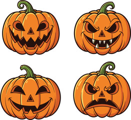 Cartoon jack-o'-lanterns with happy, angry, mischievous, and sinister expressions for Halloween vector clipart, decoration, and spooky design