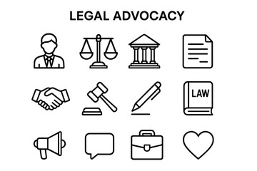 Legal Advocacy Icons. Legal advocacy. Line outline icon set of legal advocacy: lawyer, scales of justice,