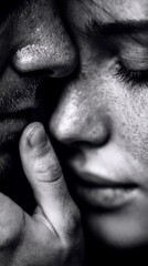 Obraz premium A dramatic black and white close-up captures the intimate moment between a couple, focusing on their noses, mouths, and a hand gently touching a cheek.
