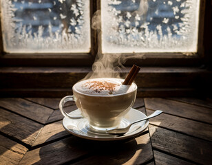 Steaming hot beverage with cinnamon stick and froth served on a wooden surface, with frost patterns visible on a window in the background.