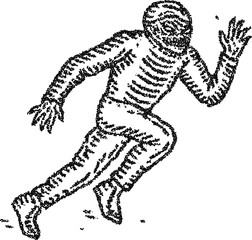 Fototapeta premium Stipple dotwork mummy sprinter wrapped in bandage, vintage engraving vector illustration for halloween, mythology, apparel graphics, and editorial use