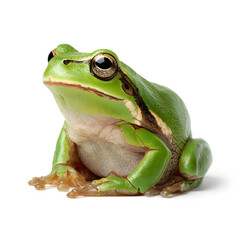 Fototapeta premium Frog’s Portrait: A close-up view of a vibrant green frog resting calmly, capturing its intricate details and serene expression.