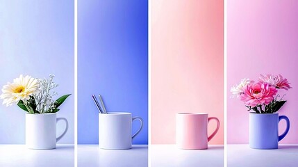 A split image with four vertical panels, each showcasing a mug containing either flowers or pens, set against softly colored pastel backdrops.