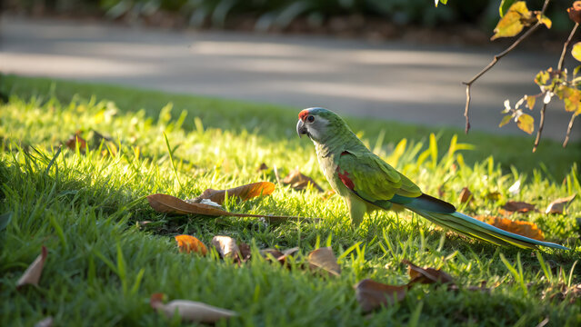 Green parrot perched on sunlit grass