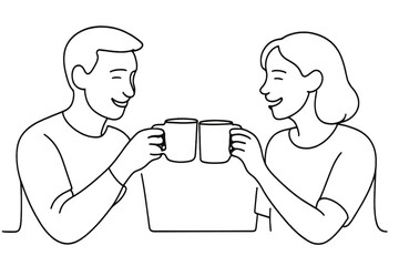 Cheers with Coffee. Shared Moments. Minimalistic one-line drawing two friends clinking coffee cups together,