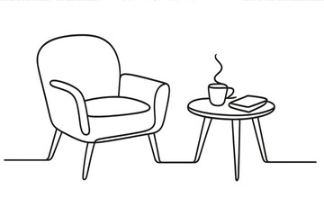 Minimalist Coffee Corner. Relaxing Space. Minimalistic one-line drawing armchair and small table with coffee