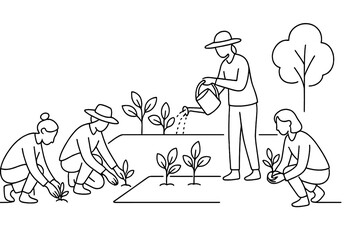 One-Line Community Garden. Shared Resources. Minimalistic one-line drawing community garden with people