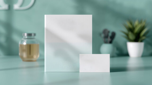 Modern stationery mockup featuring business card and notepad against botanical backdrop.