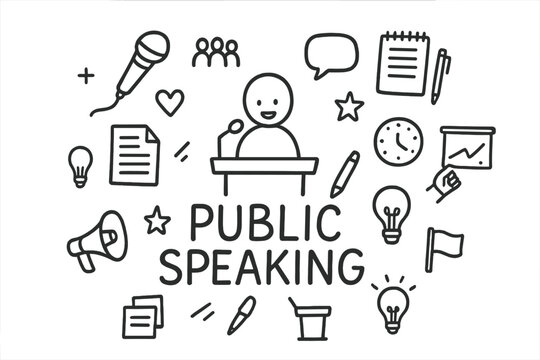 Public Speaking Icons. Public Speaking. Hand-drawn doodle illustration of Public Speaking. In the middle, one