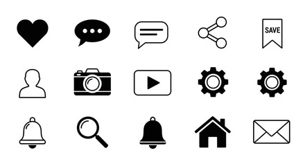 Modern collection of essential digital interface icons for apps, websites, and social media platforms