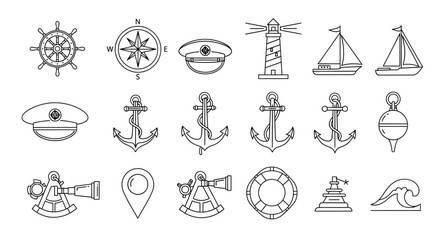 Discover nautical adventure with this collection of classic maritime icons including ships, anchors, compasses, and lighthouses for your next project