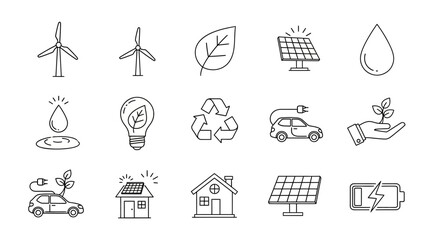 Discover sustainable energy solutions with icons for wind power, solar panels, electric cars, and green living, perfect for eco-conscious projects.