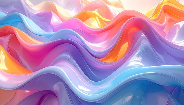 Abstract, vibrant, undulating waves of color wash across the frame, showcasing a glossy, reflective surface with soft highlights