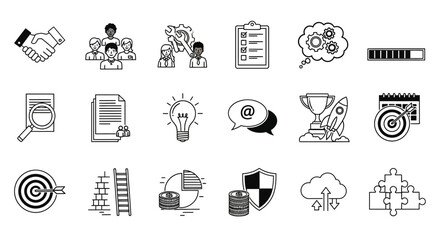 Dynamic business icons symbolizing teamwork, strategy, goals, success, and innovation, perfect for modern presentations and digital projects.