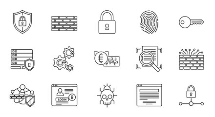 Comprehensive cybersecurity icons offer protection, access control, data security, and threat detection for digital safety solutions and network defense