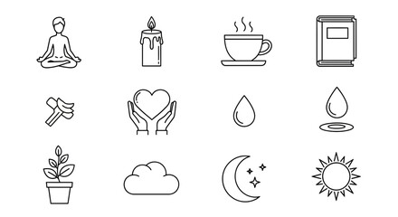 Serenity icons set: person meditating, burning candle, hot drink, book, plant, hands holding heart, water drop, sun, moon, stars and cloud for calm living and mindfulness