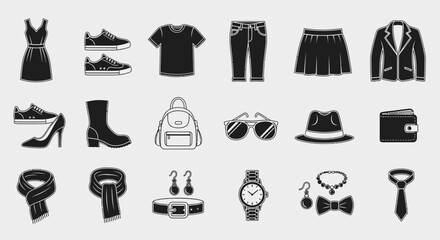 Stunning collection of modern apparel and accessories icons, perfect for fashion, retail, and design projects needing a stylish visual.