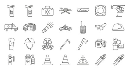 Essential emergency and safety equipment icons including first aid, rescue, and protective gear for critical situations and preparedness