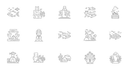 Vibrant underwater world icons depicting marine life, coral reefs, and aquatic environments for educational and ecological projects