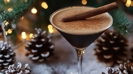 A festive espresso martini with cinnamon stick is the perfect holiday cocktail for a cozy winter celebration with warm bokeh lights and decorative pinecones display.