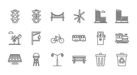 Modern cityscape icons essential for urban planning sustainable living and smart city concepts showcasing transportation infrastructure and renewable energy solutions
