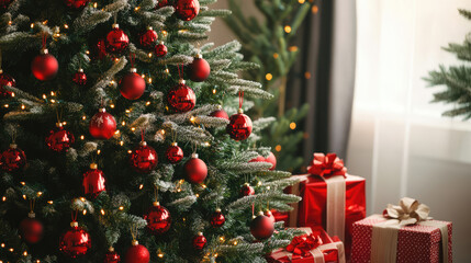 Festive Christmas Tree Decorated with Red Ornaments and Gifts