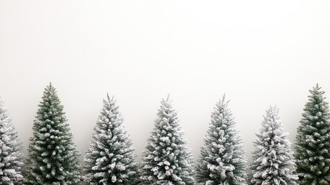 Christmas trees adorned with glistening snow, arranged in a minimalist style on a white background, emphasizing holiday elegance. Space for text.