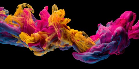 Abstract dynamic explosion of vibrant colored ink magenta, cyan, and yellow, spreading in water against a deep black background, creating a flowing, smoky, and dramatic effect