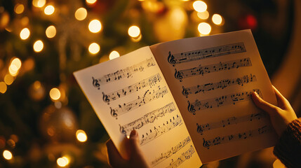 Close-up of hands holding sheet music with Christmas tree lights in the background. A person is singing a carol during the festive season.