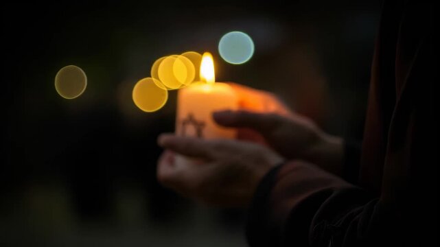 Person holding a candle adorned star of David. Independence Day of Israel, Memorial Day. Soft bokeh lights background. National mourning, Hanukkah, Passover, Shavuot, Yom Kippur holiday	 - Powered by Adobe