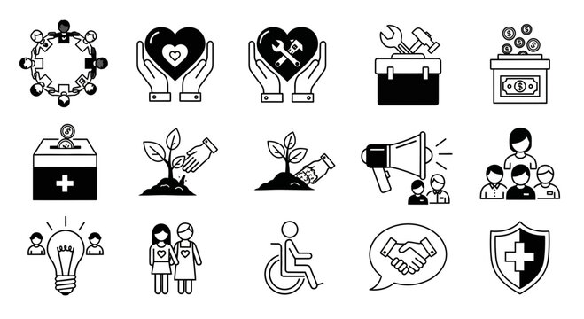 Inspiring icons depicting community, support, growth, and collaboration for positive social impact and business initiatives