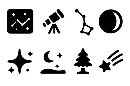 Night Sky Icons. Night Constellations. Filled icon set of Night Constellations: star map, telescope, big