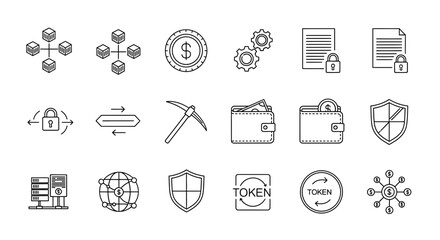 Modern icons representing digital finance, security, and cryptocurrency concepts for innovative business and technology applications