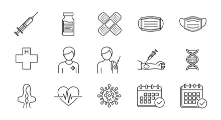 Modern medical icons featuring vaccination, health, and science concepts for professional healthcare communication and design projects
