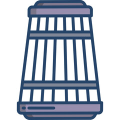 Stylized Illustration of a Cylindrical Trap Object with Vertical Slats and Horizontal Bands in Shades of Purple and Blue on a Transparent Background