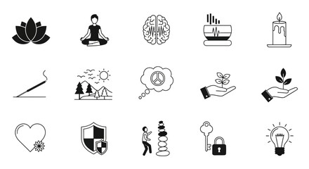 Discover inner peace and growth with these modern icons representing mindfulness, nature, and positive thinking for wellness and business