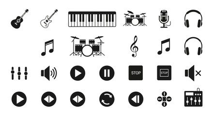 Captivating collection of musical instruments and audio controls icons for dynamic digital content creation and professional design projects