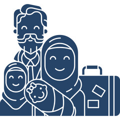 Stylized illustration of a diverse family with a baby and luggage suggesting travel or relocation in a flat design style with a deep blue color palette against a white background