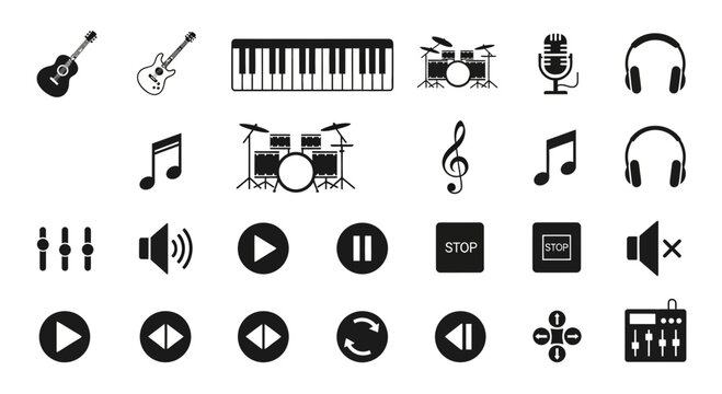 Captivating collection of musical instruments and audio controls icons for dynamic digital content creation and professional design projects