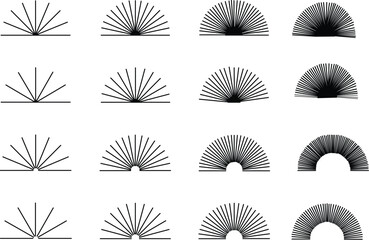STRAIGHT RADIAL LINES IN SEMICIRECLE SHAPE. SET OF SUN RAYS, SUNBEAM OR SUNBURST, ICONS ISOLATED  ON WHITE BACKGROUND. RADIANCE, BLAST, EXPLOSION OR FIREWORK SYMBOLS. VECTOR GRAPHIC ILLUSTRATION