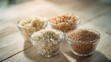 Various grains rice quinoa and wheat in glass bowls on a wooden surface food photography