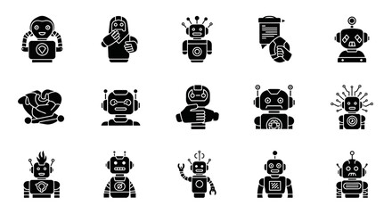 Diverse collection of modern robot icons symbolizing artificial intelligence, automation, and future technology concepts for innovative projects.