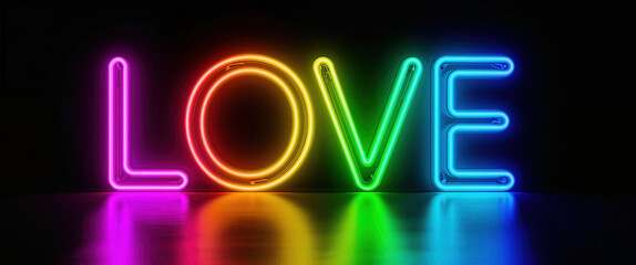 A vibrant, neon "LOVE" sign radiates against a dark backdrop, its colorful glow reflected below.